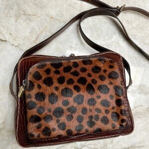 FURLA Croc Brown Leather Shoulder Crossbody Leopard Bag Made in Italy